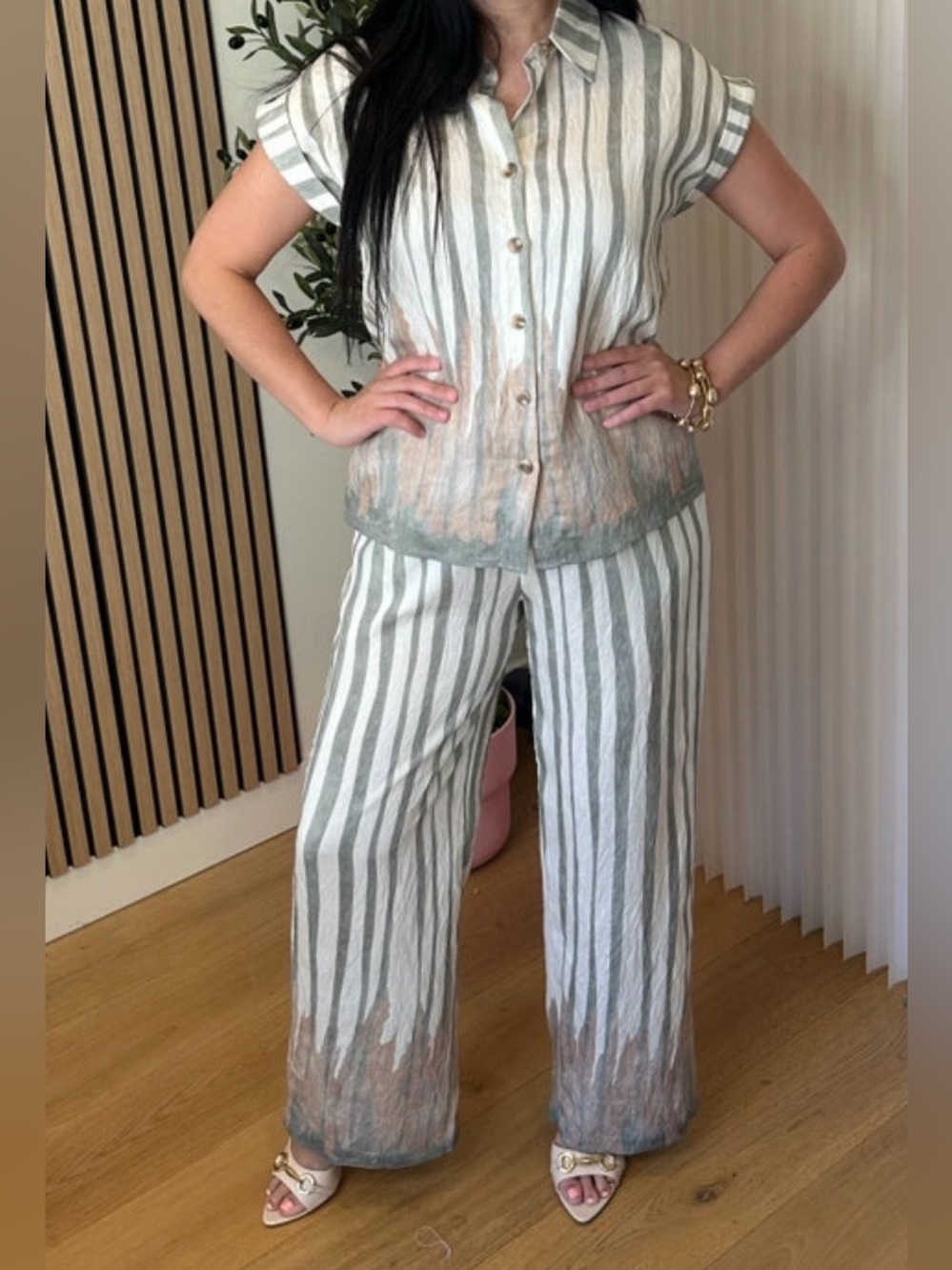 Striped Wide-Leg Pants set in Sage and White